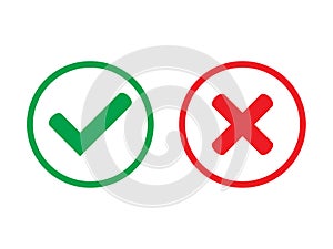 Green tick and red cross checkmarks in circle flat icons. Yes or no line symbol, approved or rejected icon.