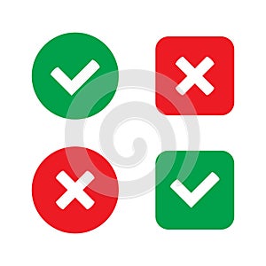 Green tick and red cross checkmarks flat icons. Yes or no symbol, approved or rejected icon.