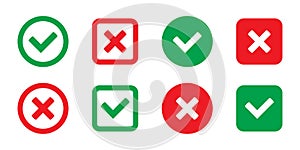 Green tick and red cross checkmarks flat icons. Yes or no symbol, approved or rejected icon.