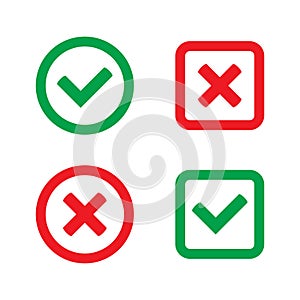 Green tick and red cross checkmarks flat icons. Yes or no symbol, approved or rejected icon.