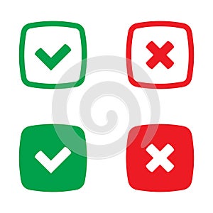 Green tick and red cross checkmarks in flat icons. Yes or no symbol, approved or rejected icon.