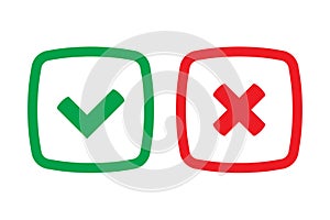 Green tick and red cross checkmarks in flat icons. Yes or no symbol, approved or rejected icon.