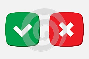 Green tick and red cross checkmarks in flat icons. Yes or no symbol, approved or rejected icon.