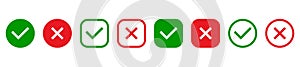 Green tick and red cross in circle and square line icons. Check marks and cross mark set. YES or NO symbol. Concept of