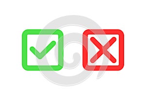 green tick and red cross signs on white background. Check marks. Yes and No symbols for vote, decision, web