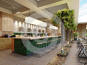 Green tiled bar counter with bar stools in a modern restaurant with palm trees