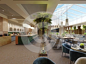 Green tiled bar counter with bar stools in a modern restaurant with palm trees