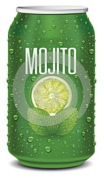 Green tin can with mojito text, lime slice, mint leaves and many water drops