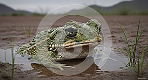 Green Toad in Muddy Water During Rain