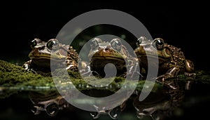 Green toad sitting on leaf, watching water generated by AI