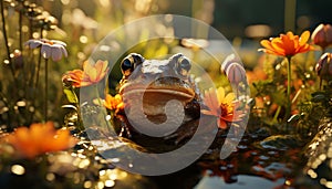Green toad sitting on wet grass, looking at camera generated by AI