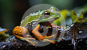 Green toad sitting on wet leaf, looking away generated by AI