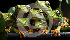 Green toad sitting on wet leaf, looking generated by AI