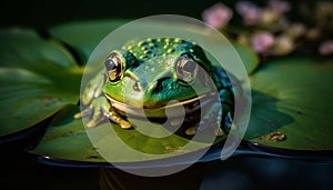 Green toad sitting on wet leaf outdoors generated by AI