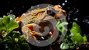 Green toad sitting on wet leaf in rainforest generated by AI