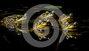Green toad sitting in wet swamp pond generated by AI