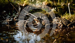 Green toad and turtle sitting in pond generated by AI