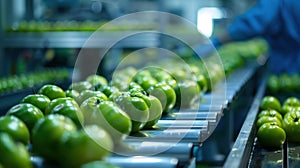 The green tomatoes on conveyor. AI generated photo
