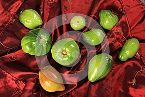 Green tomatoes ripen on a red fabric. group of green tomatoes on top of a fabric