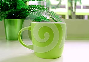 Green tone colored pop art style coffee mug on the table with a potted fern in background