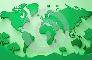 A green-toned 3D world map with paper cut-out style continents and trees, representing a concept of eco-friendliness and global