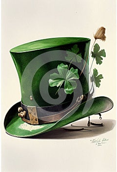 Green top hat and clover leaves - symbol of St. Patrick's Day. AI generated