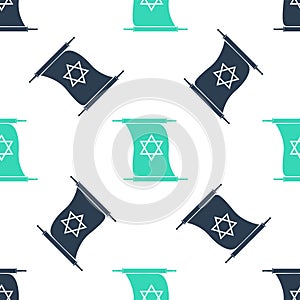 Green Torah scroll icon isolated seamless pattern on white background. Jewish Torah in expanded form. Torah Book. Star