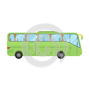 Green tour bus icon in cartoon style isolated on white background. Rest and travel symbol stock vector illustration.