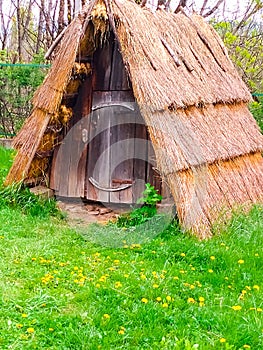 Green tourism, authentic wooden structure with thatched roof, close-up