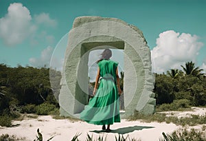 green tourtourism woman popper tulum travel beautiful sculpture mexico standing called summer giant background light luz daniel ng photo