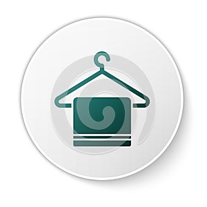 Green Towel on a hanger icon isolated on white background. Bathroom towel icon. White circle button. Vector Illustration