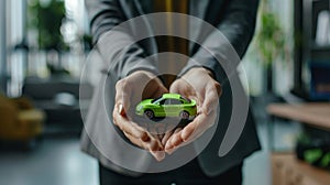 The Green Toy Car in Hands. AI generated