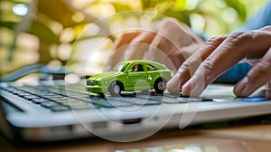 The Green Toy Car on Laptop.AI generated image
