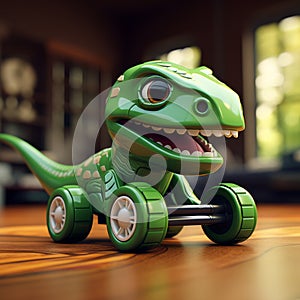 Green Toy Dinosaur On Wheels For Little Children To Play With