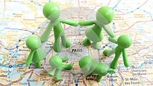 A green toy family exploring Paris