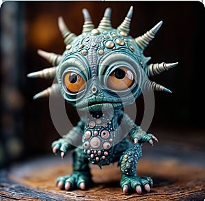 A green toy mythical creature with spikes on its head sits on a wooden table