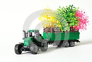 Green toy tractor transports green, pink and yellow spring seedlings in a trailer. White background. Copy space. Selective focus