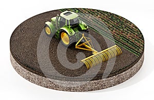 Green tractor on the field isolated on white background. 3D illustration