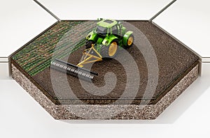 Green tractor on the field isolated on white background. 3D illustration