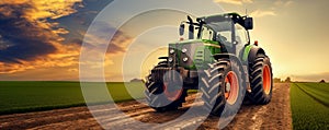 Green Tractor in the Field at Sunrise. Generative ai