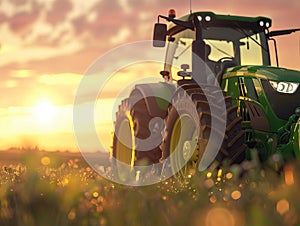A green tractor in a field at sunset