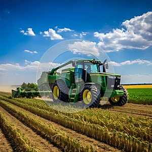 Green tractor, harvester in the field. Corn as a dish of thanksgiving for the harvest