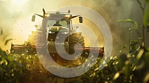 A green tractor is harvesting a field of wheat on a sunny day. AIG51A