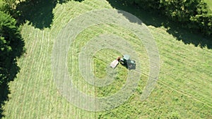 Green Tractor Hay Cutter Trees Aerial View