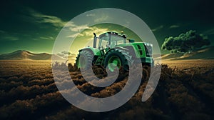 a green tractor plowing a field of dirt,
