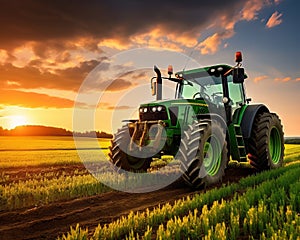 The green tractor is working in the field at sunset.