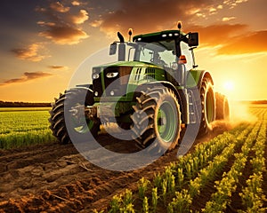 The green tractor is working in the field at sunset.