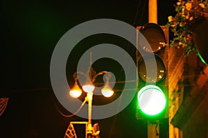 Green traffic light in city at night, space for text