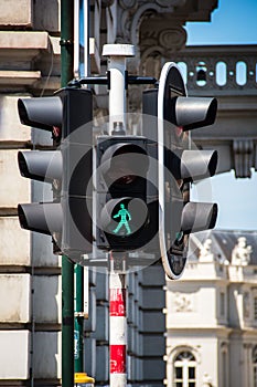 Green traffic light at downtown Brussels Belgium