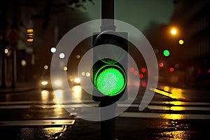 green traffic light shining in the middle of the night, with no other traffic around